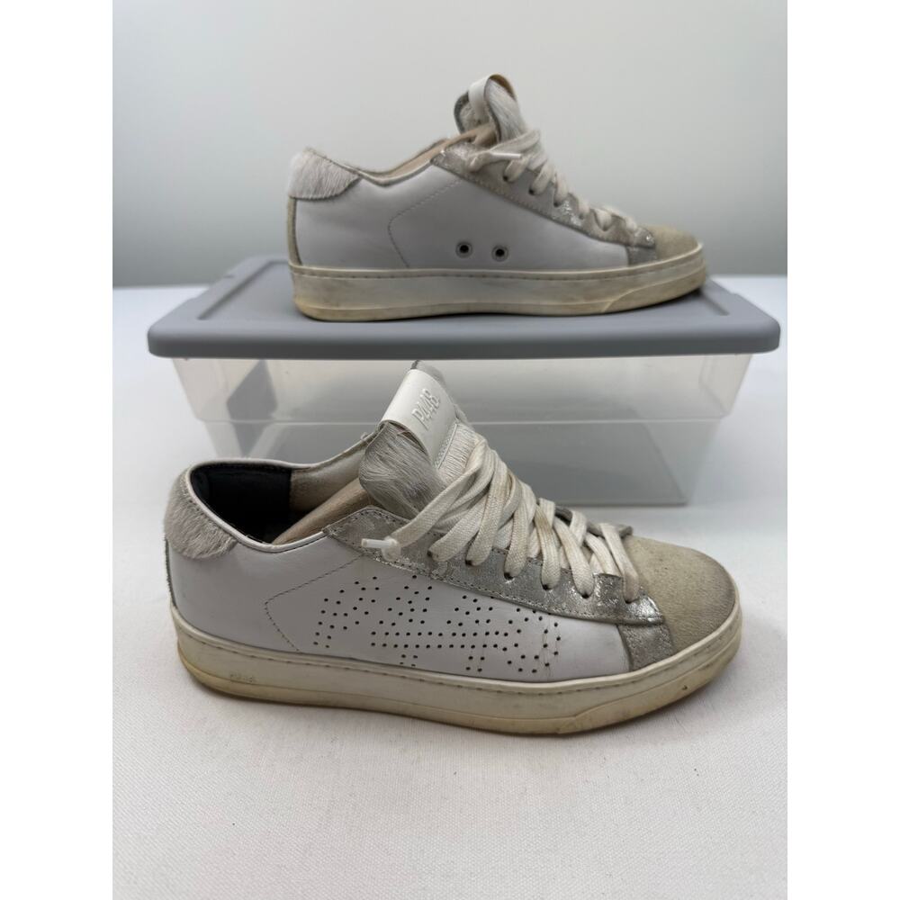 P448 White Sneakers Silver Trim Fur Detail Size 36 Made‎ in Italy Designer Shoes